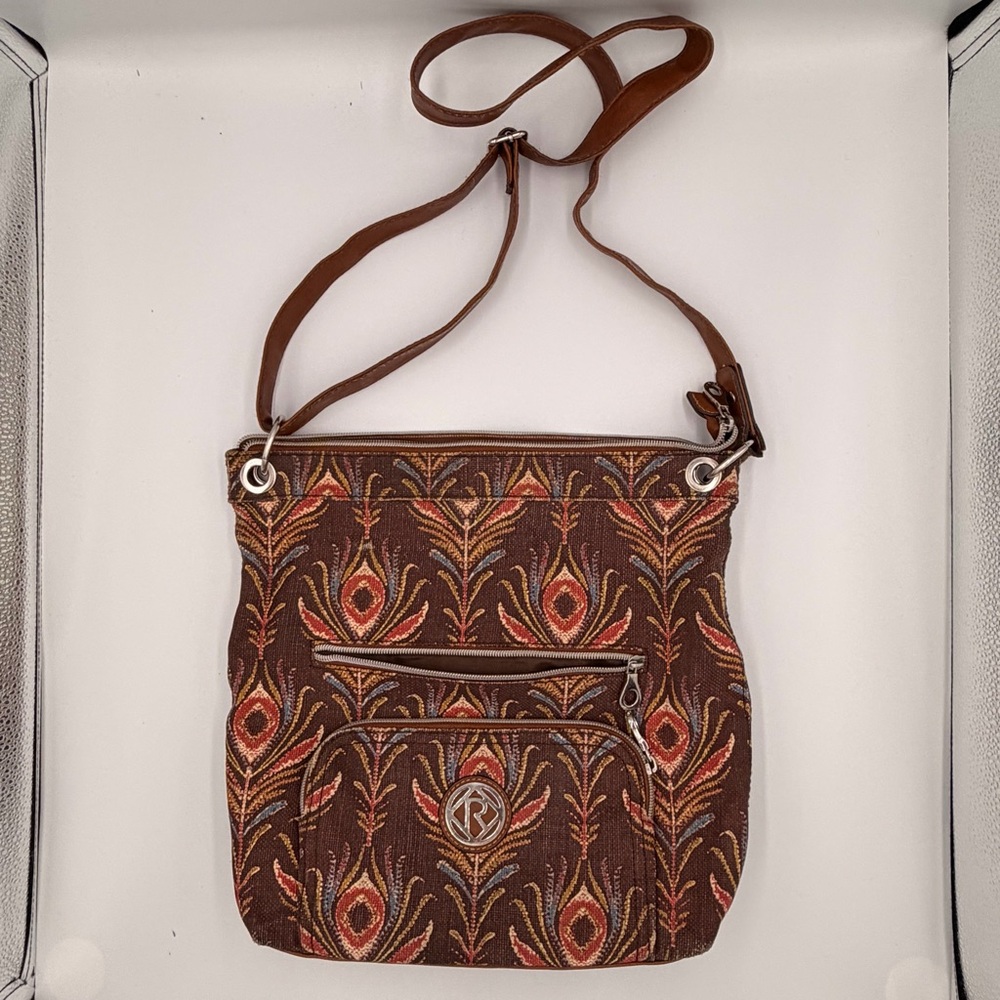 Relic Canvas Leather Chocolate Brown Feather Pattern Festival Crossbody Boho Bag